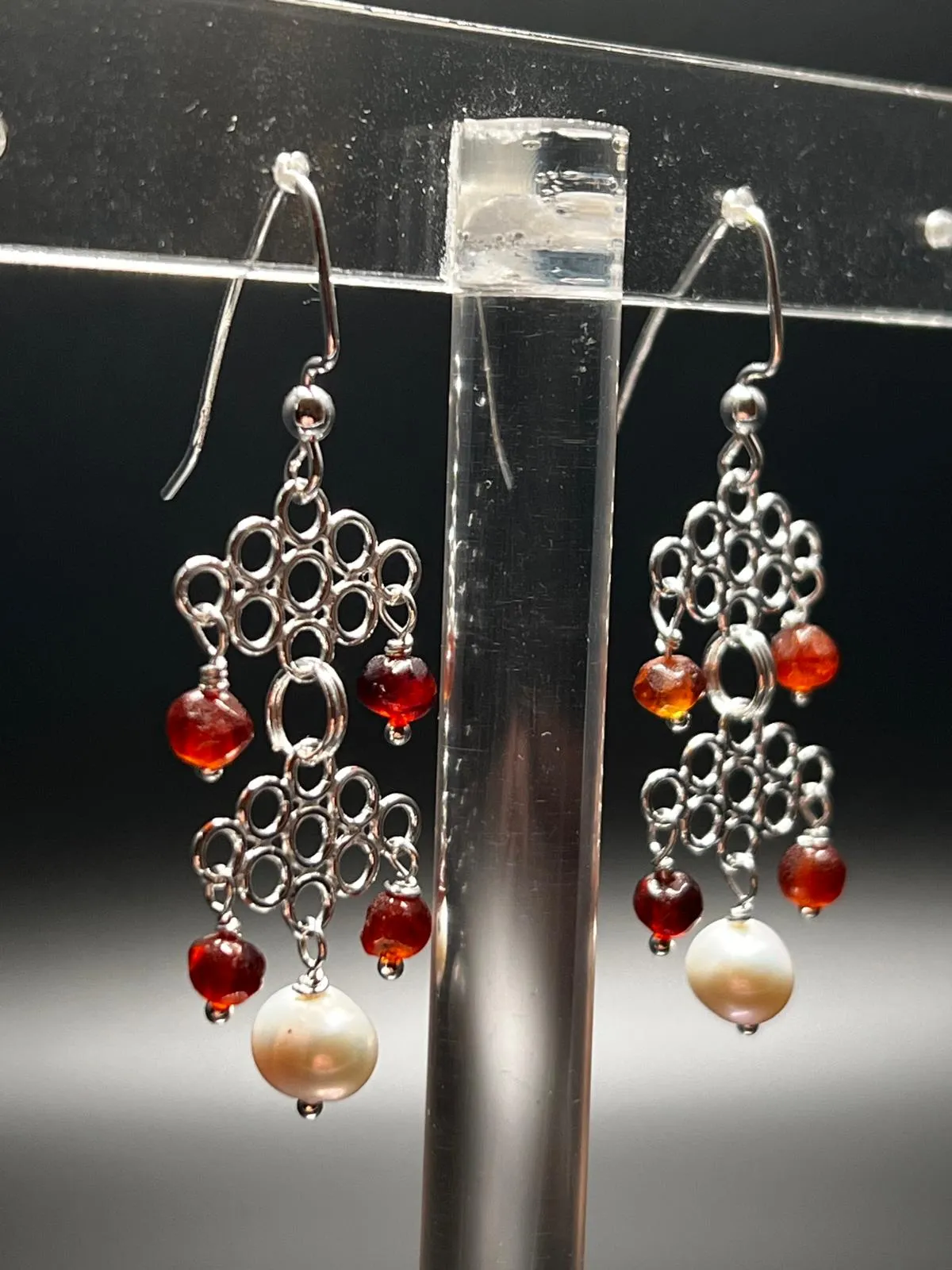 Hessonite Garnet, White Pearl, and Sterling Silver Chandelier Earrings