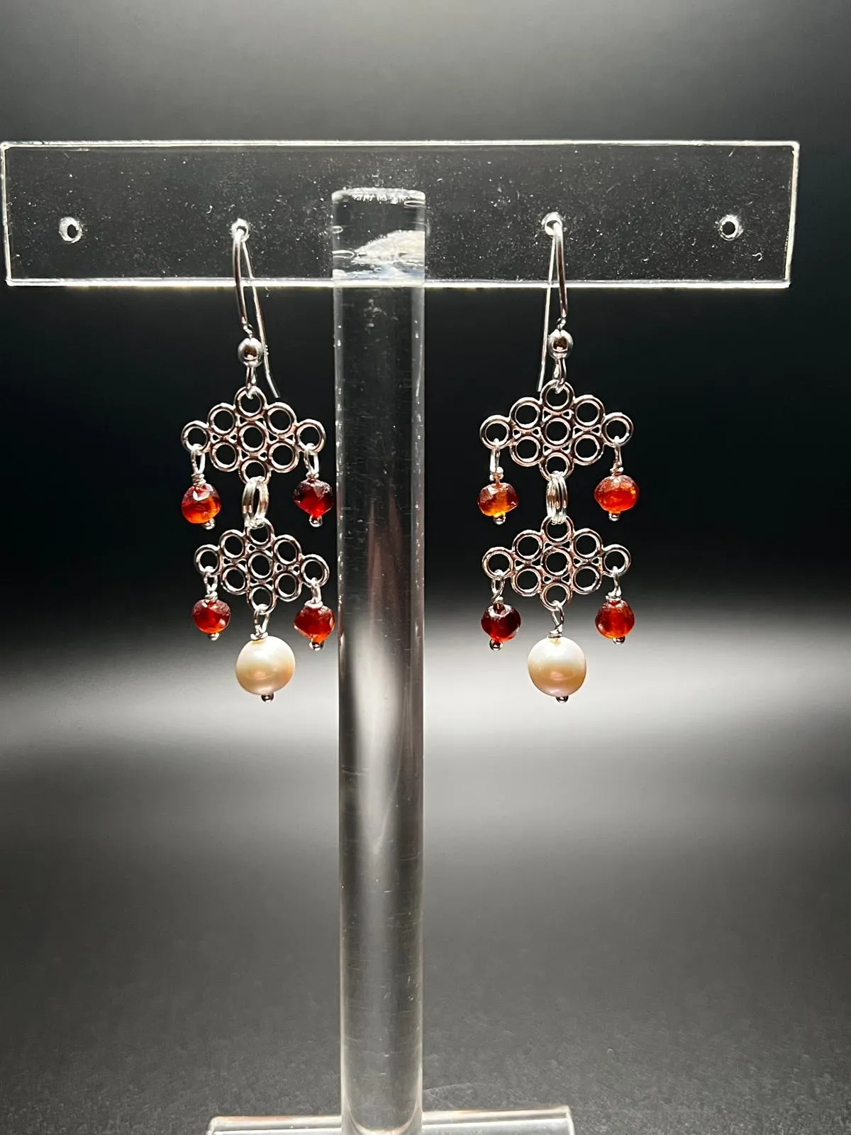 Hessonite Garnet, White Pearl, and Sterling Silver Chandelier Earrings
