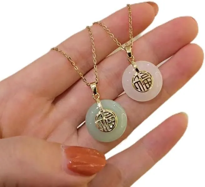 Hetian Jade Fu Word Peace Buckle Necklace Jade Pendant Necklace Jade Good Luck Necklace Chinese Fu Pendant Necklace Fortune Pendant Necklace for Women (Green Jade)