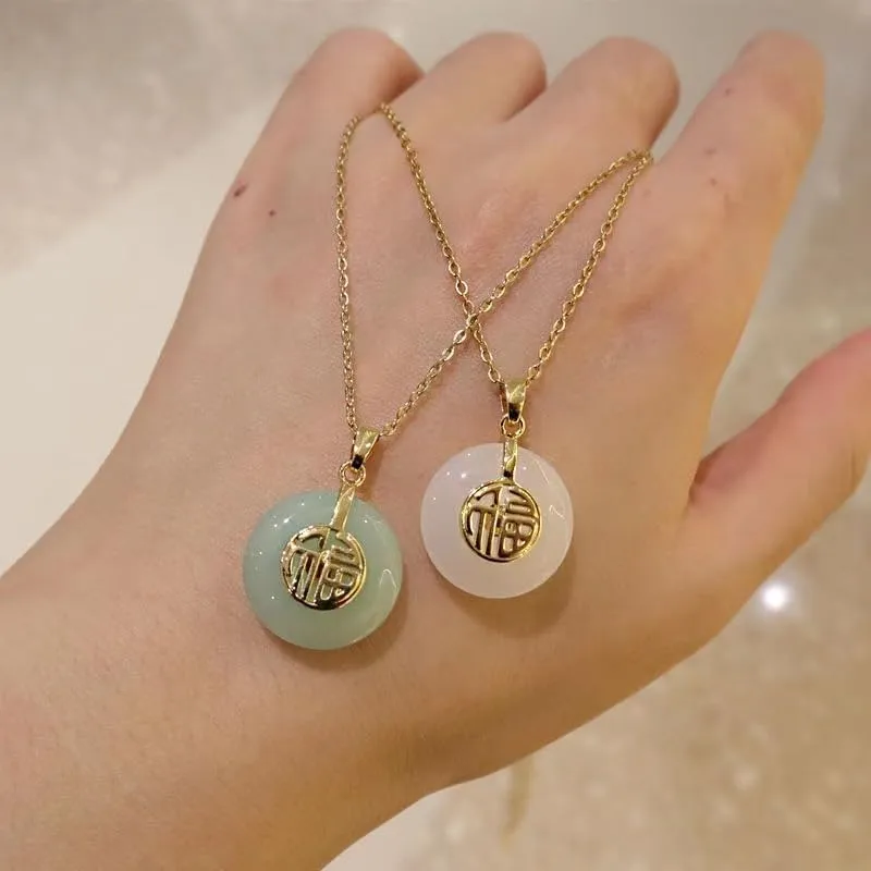 Hetian Jade Fu Word Peace Buckle Necklace Jade Pendant Necklace Jade Good Luck Necklace Chinese Fu Pendant Necklace Fortune Pendant Necklace for Women (Green Jade)