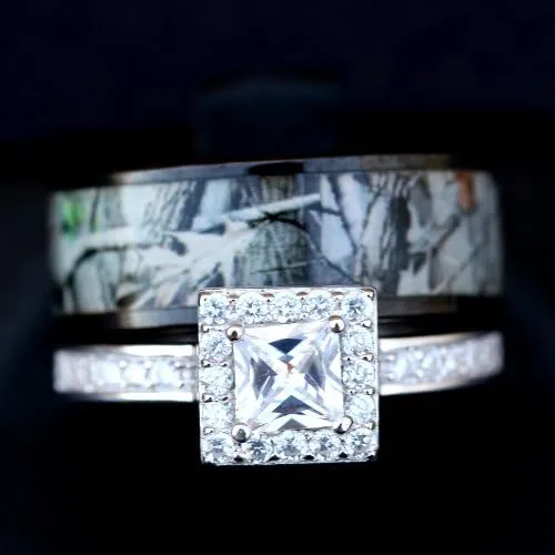 His and Hers Camo Wedding Ring Sets - Black Camo Ring Set - Wedding Rings - Camo Engagement Ring - Cubic Zirconia Wedding Sets - Cz Engagement Rings - Camo Wedding Bands Set