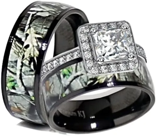 His and Hers Camo Wedding Ring Sets - Black Camo Ring Set - Wedding Rings - Camo Engagement Ring - Cubic Zirconia Wedding Sets - Cz Engagement Rings - Camo Wedding Bands Set