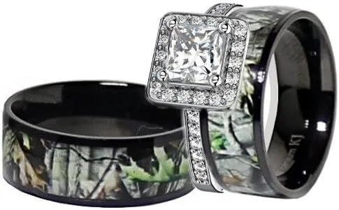 His and Hers Camo Wedding Ring Sets - Black Camo Ring Set - Wedding Rings - Camo Engagement Ring - Cubic Zirconia Wedding Sets - Cz Engagement Rings - Camo Wedding Bands Set