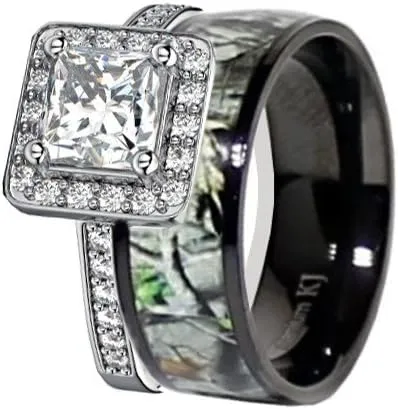 His and Hers Camo Wedding Ring Sets - Black Camo Ring Set - Wedding Rings - Camo Engagement Ring - Cubic Zirconia Wedding Sets - Cz Engagement Rings - Camo Wedding Bands Set