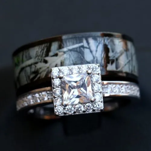 His and Hers Camo Wedding Ring Sets - Black Camo Ring Set - Wedding Rings - Camo Engagement Ring - Cubic Zirconia Wedding Sets - Cz Engagement Rings - Camo Wedding Bands Set