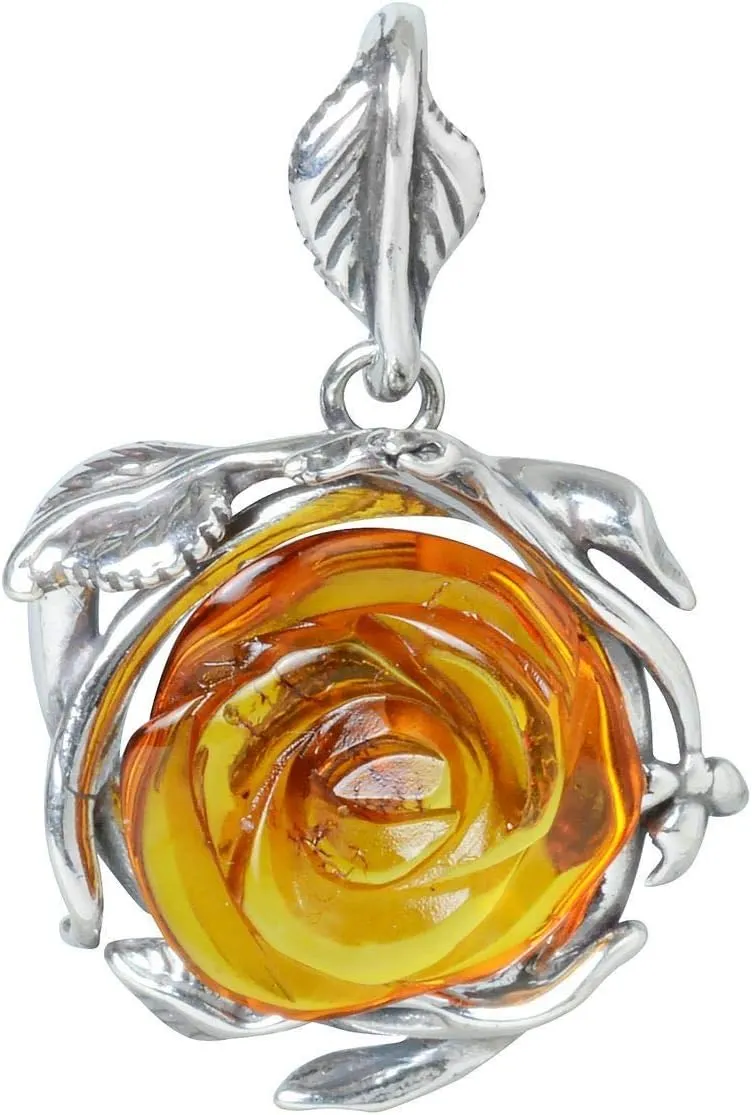 HolidayGiftShops Amber Jewelry for Women - GIA Certified Sterling Silver and Baltic Amber Pendant Necklace Rose, Includes 925 Sterling Silver Chain - made in Poland