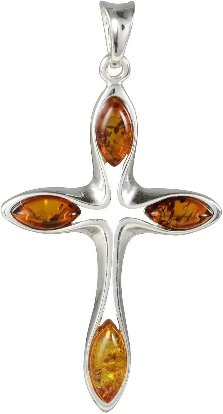 HolidayGiftShops Amber Jewelry for Women - Sterling Silver and Baltic Amber Cross Pendant Necklace, Includes Italian 925 Sterling Silver Chain - Made in Poland