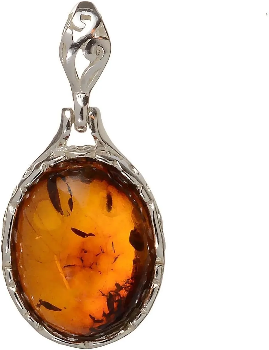 HolidayGiftShops Amber Jewelry for Women - Sterling Silver and Baltic Honey Oval Amber Pendant, Includes 925 Sterling Silver Chain - Sterling Silver Jewelry Collection, made in Poland