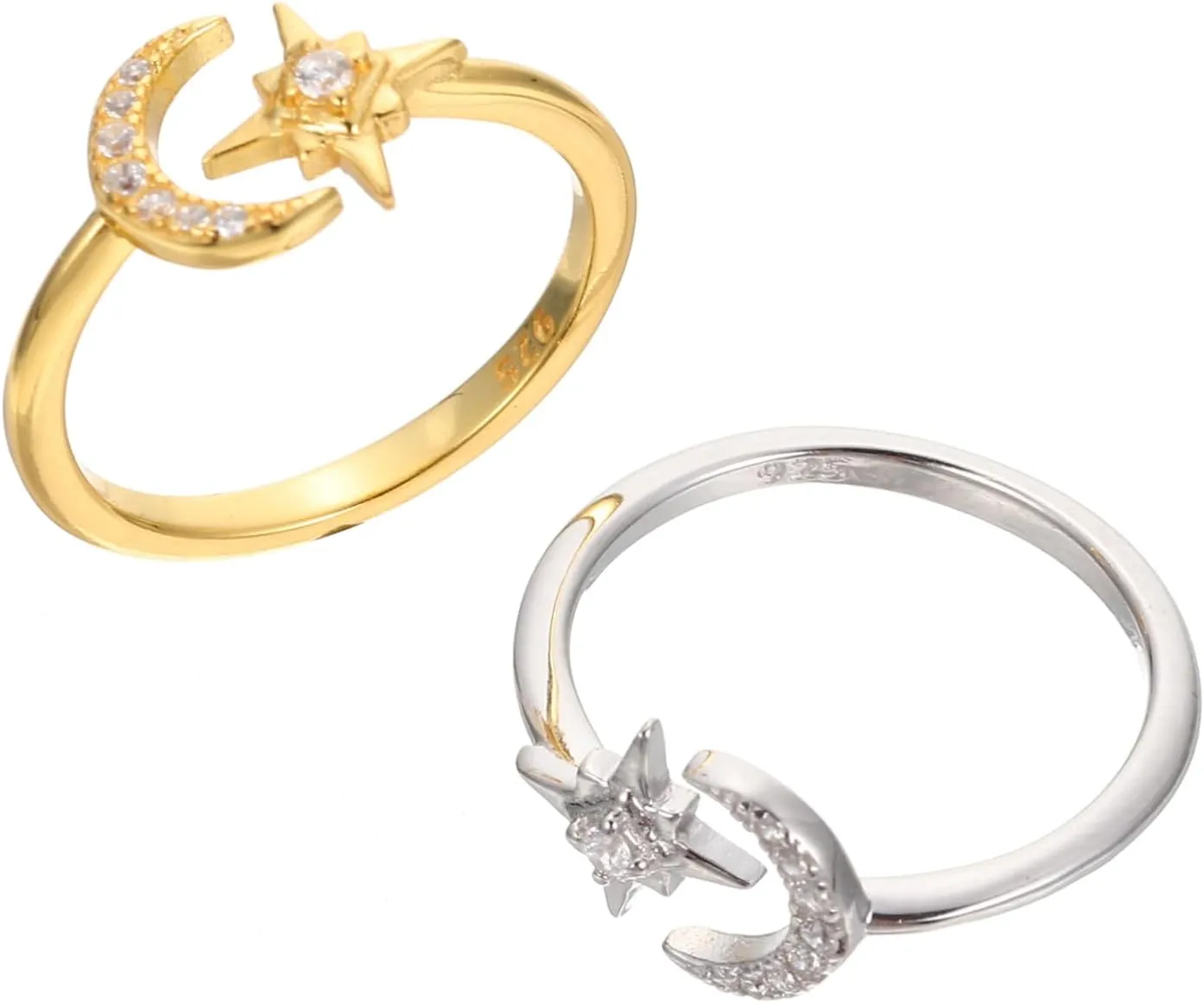 Homoyoyo ' Gold Knuckle Rings 925 Sterling Silver Adjustable Open Finger Rings Moon Star Rhinestones
