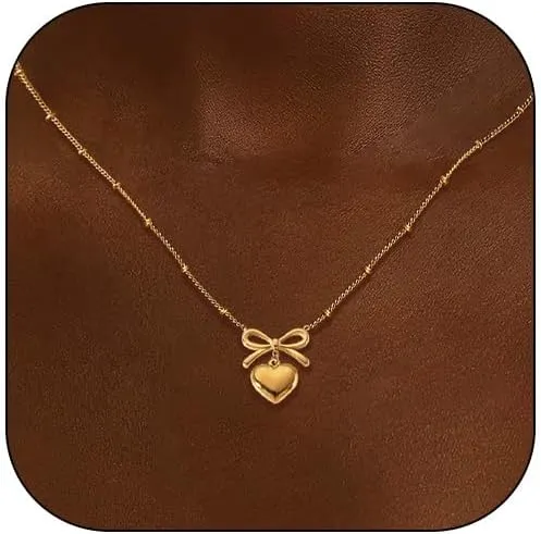 HUASAI Gold Bow Necklace for Women 14K Dainty Gold Necklace Small Bow Pendant Choker Necklace Trendy Necklace Jewelry Gift
