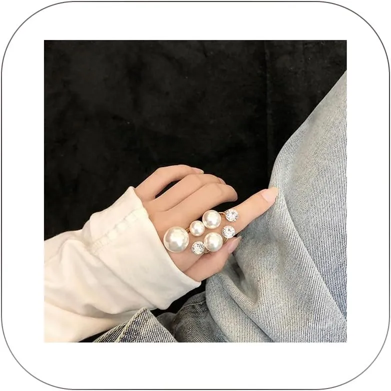HUASAI Pearl Ring for Women White Pearl Rings Dainty Open Rings Silver Gold Adjustable Ring Jewelry Gift for Girls Lady