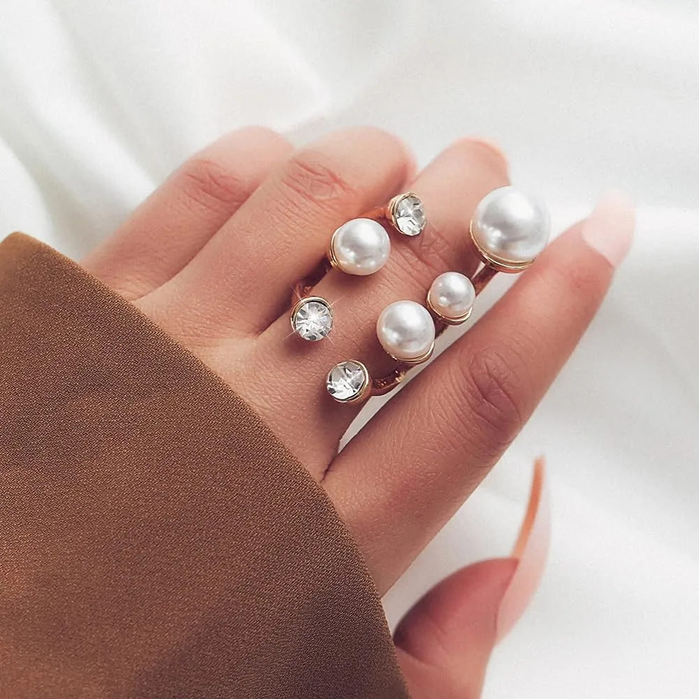 HUASAI Pearl Ring for Women White Pearl Rings Dainty Open Rings Silver Gold Adjustable Ring Jewelry Gift for Girls Lady