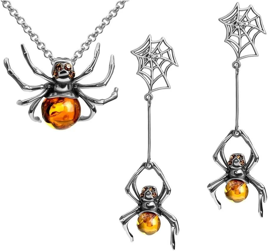 Ian and Valeri Co. Amber Sterling Silver Spider Earrings Necklace Set Chain 18 Inches