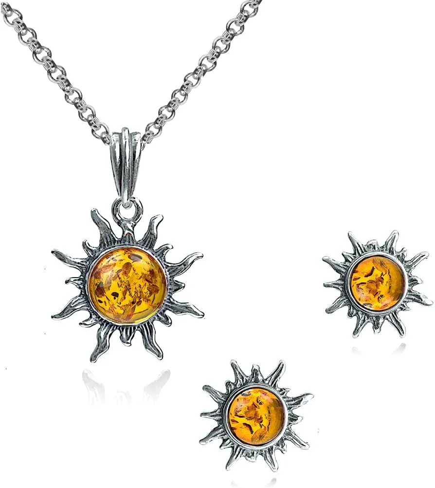 Ian and Valeri Co. Amber. Sterling Silver Stud Sun Earrings Pendant Necklace Set Chain 18 Inches
