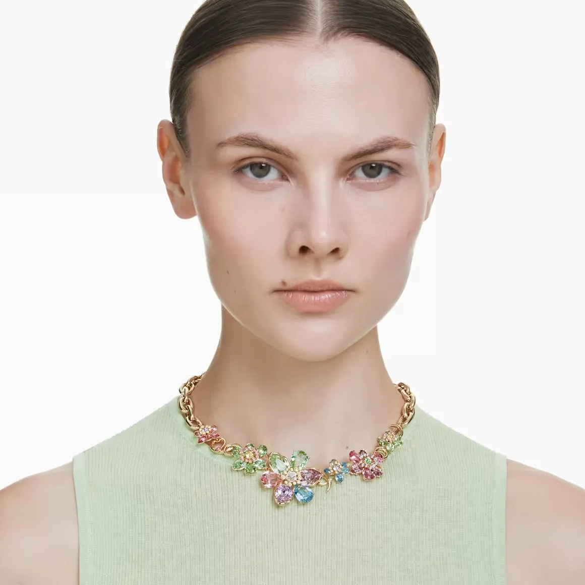 Idyllia Multicoloured Flower Mixed Cuts Gold Necklace