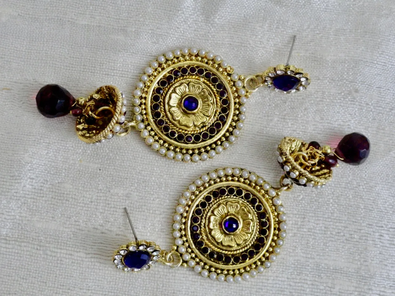 Indian Ear rings- stone and bead dangling ear ring. Ruby red, purple  & white stones. From Artikrti.