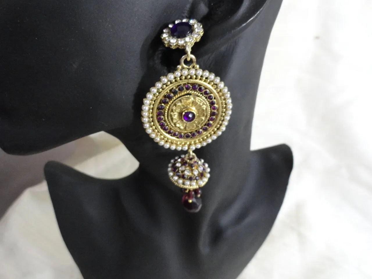 Indian Ear rings- stone and bead dangling ear ring. Ruby red, purple  & white stones. From Artikrti.