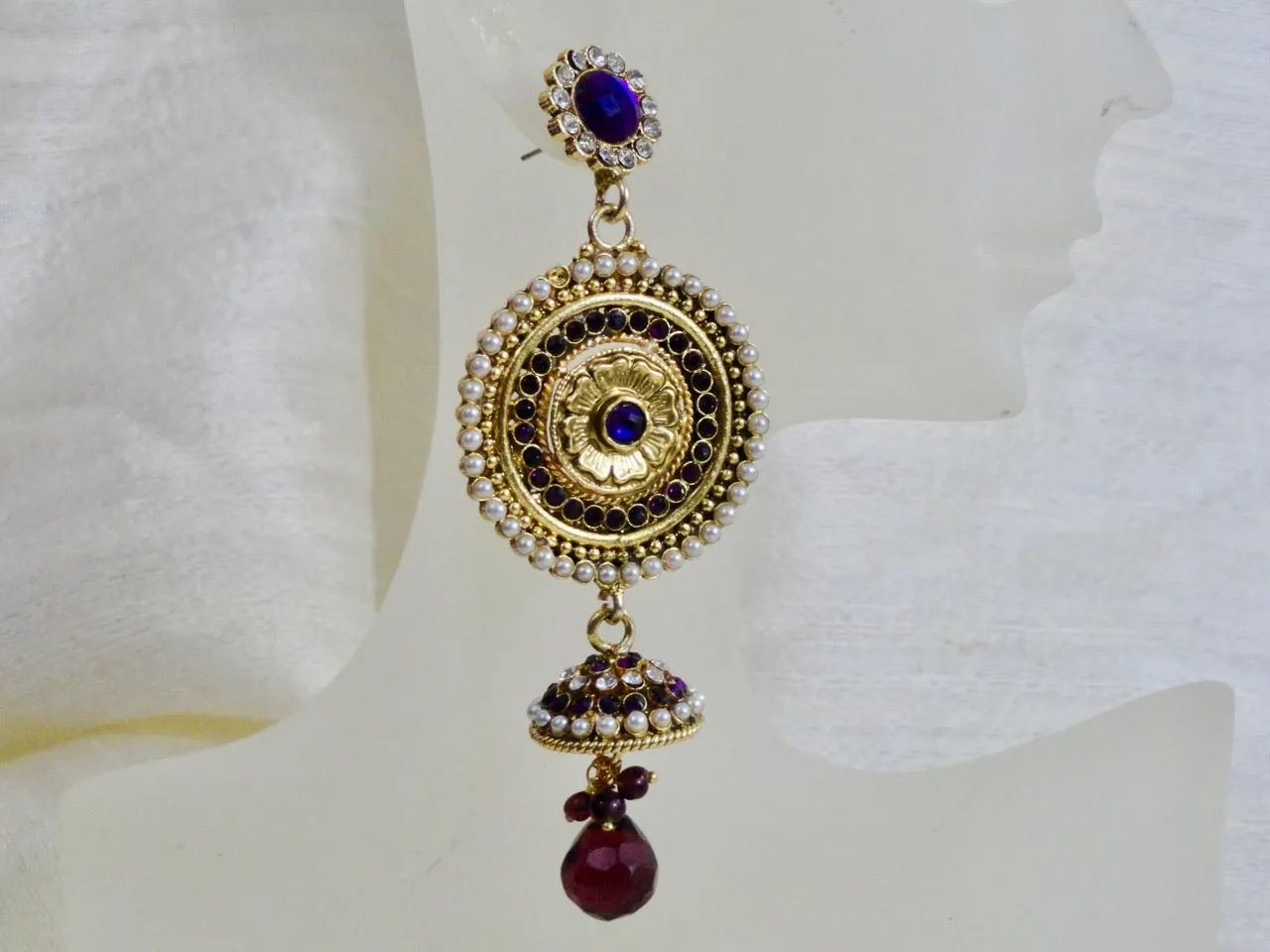 Indian Ear rings- stone and bead dangling ear ring. Ruby red, purple  & white stones. From Artikrti.