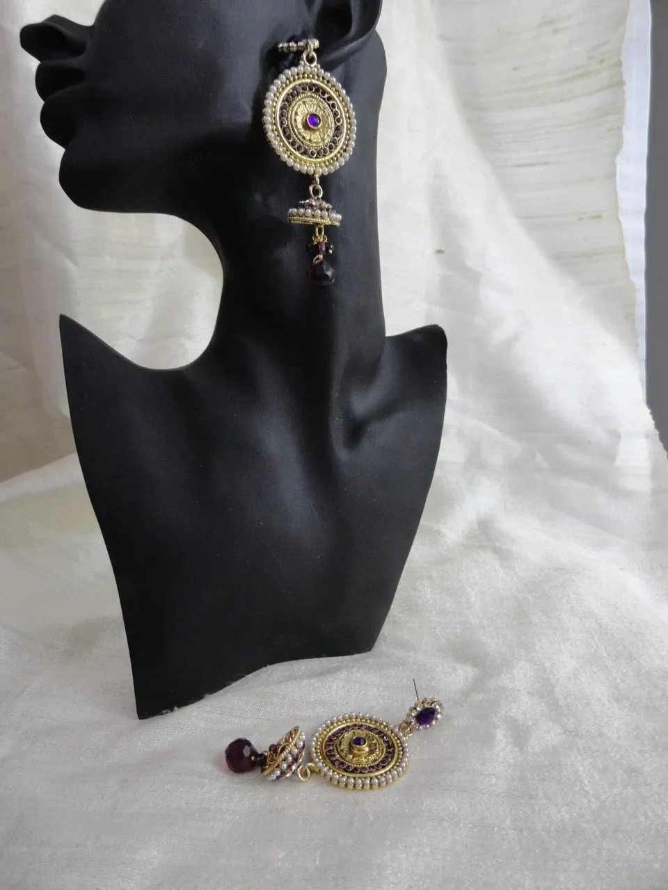 Indian Ear rings- stone and bead dangling ear ring. Ruby red, purple  & white stones. From Artikrti.