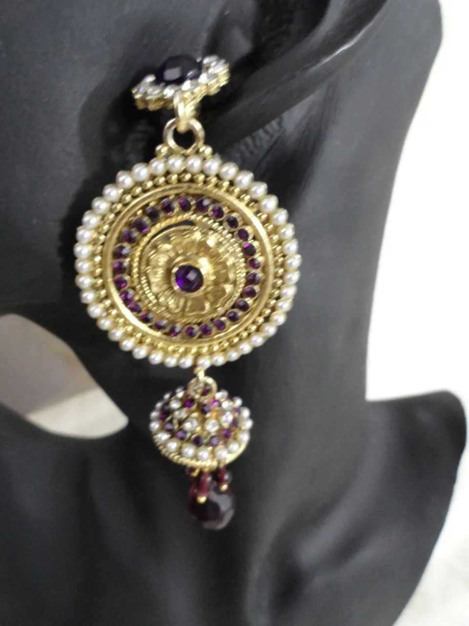 Indian Ear rings- stone and bead dangling ear ring. Ruby red, purple  & white stones. From Artikrti.
