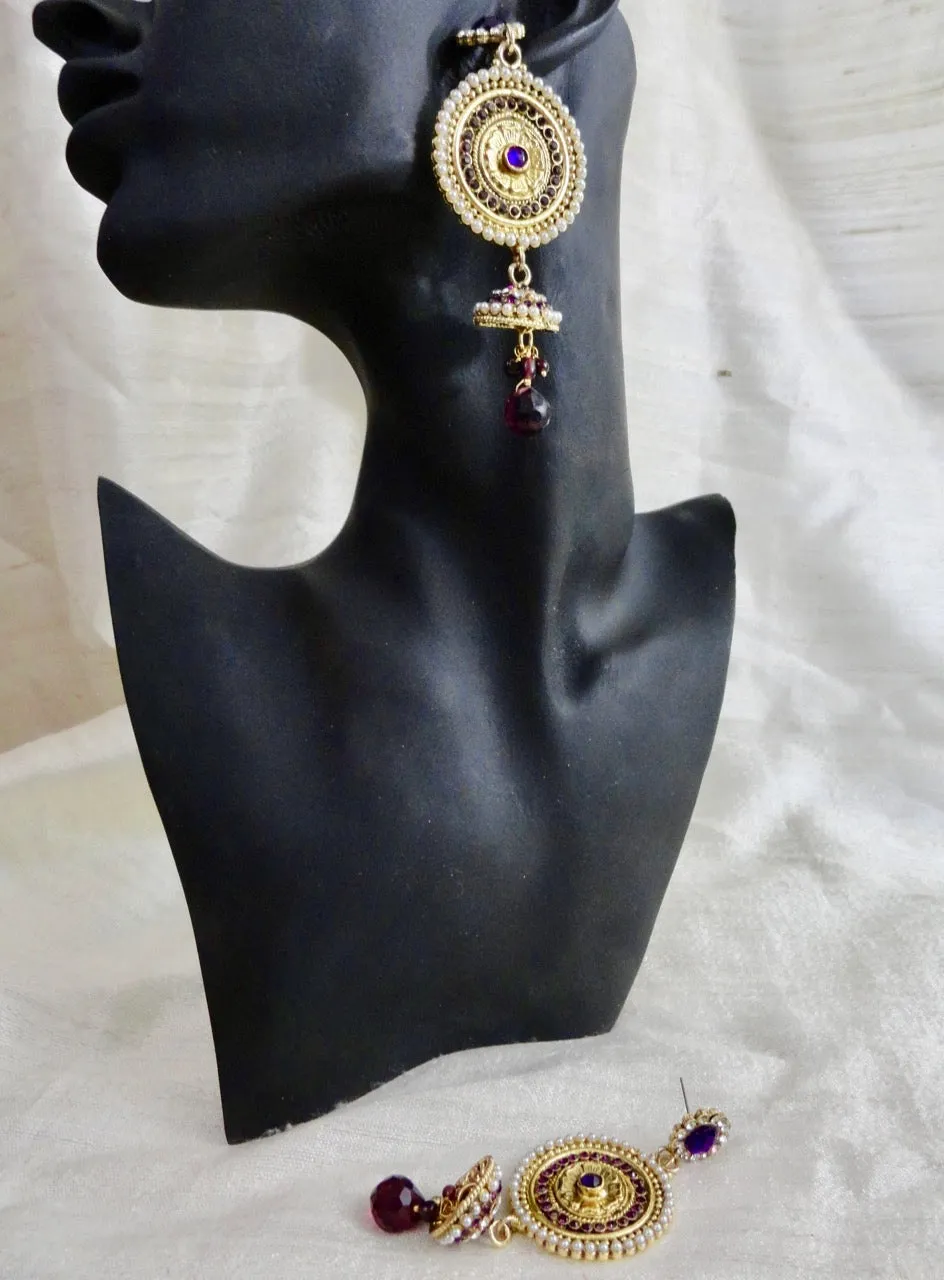Indian Ear rings- stone and bead dangling ear ring. Ruby red, purple  & white stones. From Artikrti.