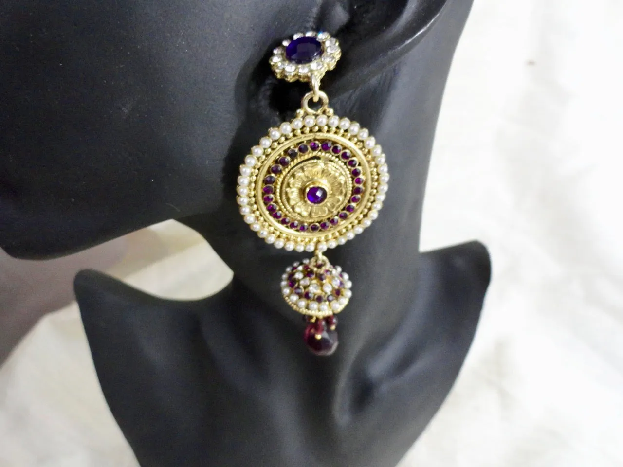 Indian Ear rings- stone and bead dangling ear ring. Ruby red, purple  & white stones. From Artikrti.