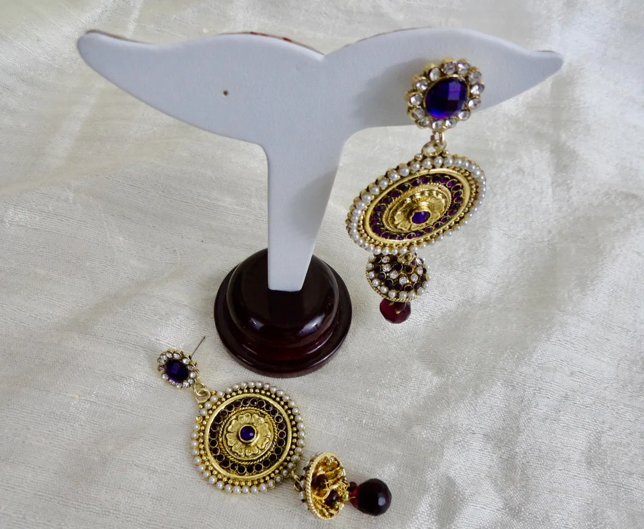 Indian Ear rings- stone and bead dangling ear ring. Ruby red, purple  & white stones. From Artikrti.