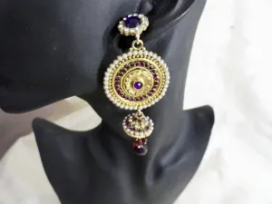 Indian Ear rings- stone and bead dangling ear ring. Ruby red, purple  & white stones. From Artikrti.