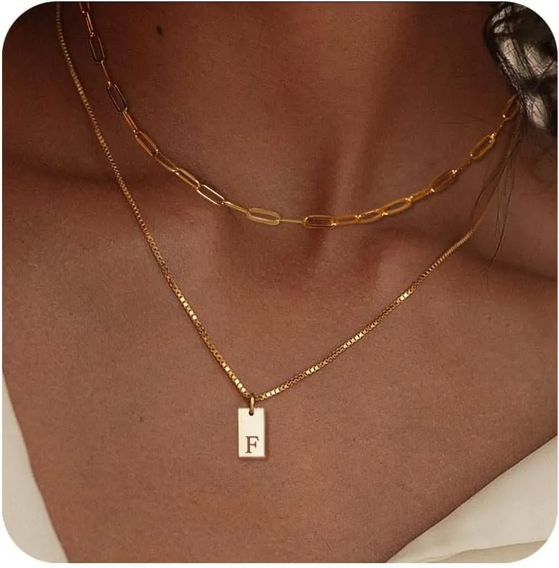 Initial Necklaces for Women, 14K Gold Plated Layering Paperclip Chain Necklace Personalized Simple A-Z Letter Name Tag Pendant Necklace Gold Layered Necklaces for Women Jewelry Gifts