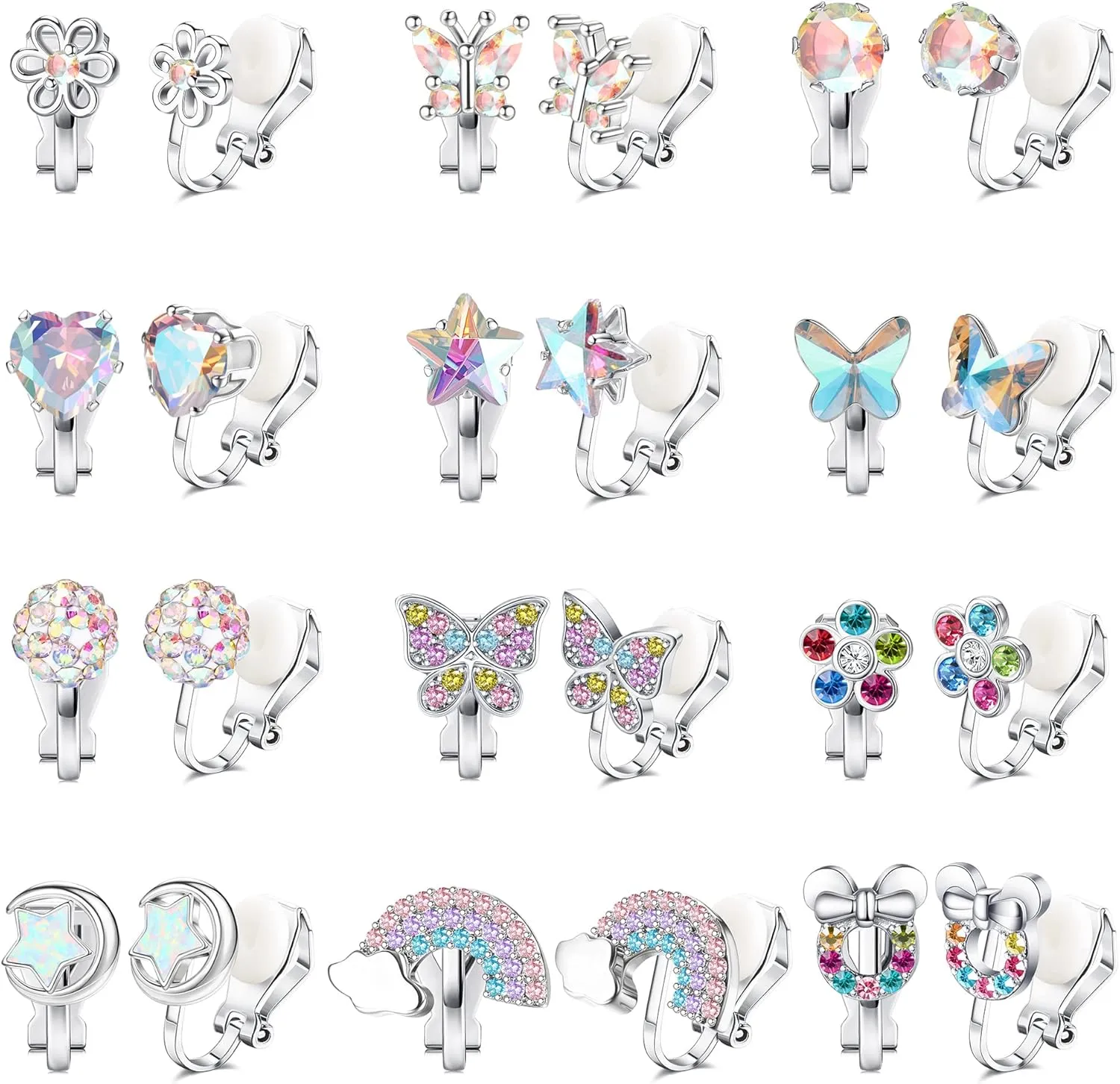 IRONBOX 12Pairs Clip on Earrings for Women Hypoallergenic Colorful Crystal Non-Pierced Earrings Cute Heart Flower Rainbow Butterfly Clip-on Earrings