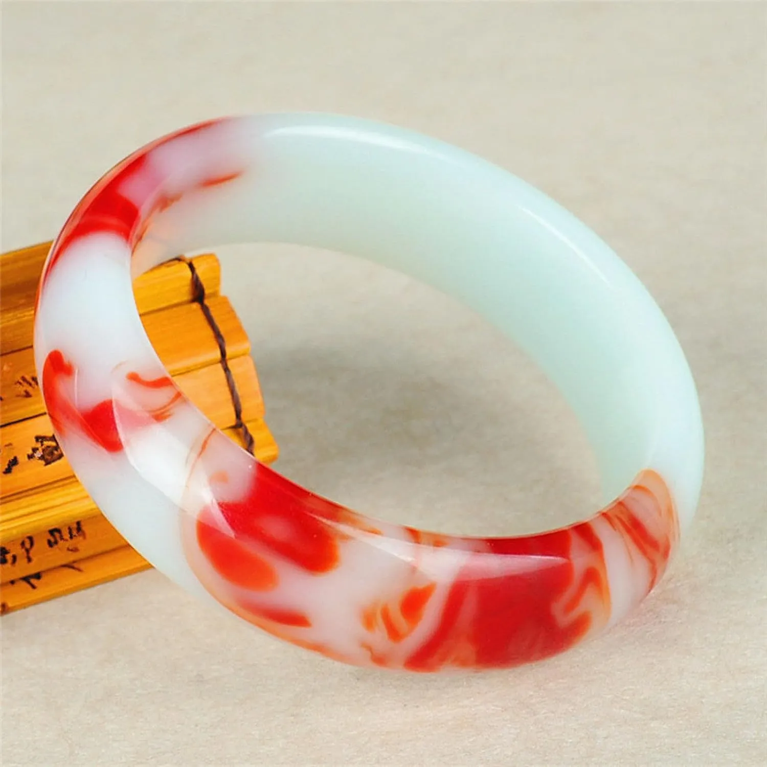 Jade Bangle Bracelet for Women Genuine Golden Silk Jade White and Red Floating Flower Fashion Bracelet