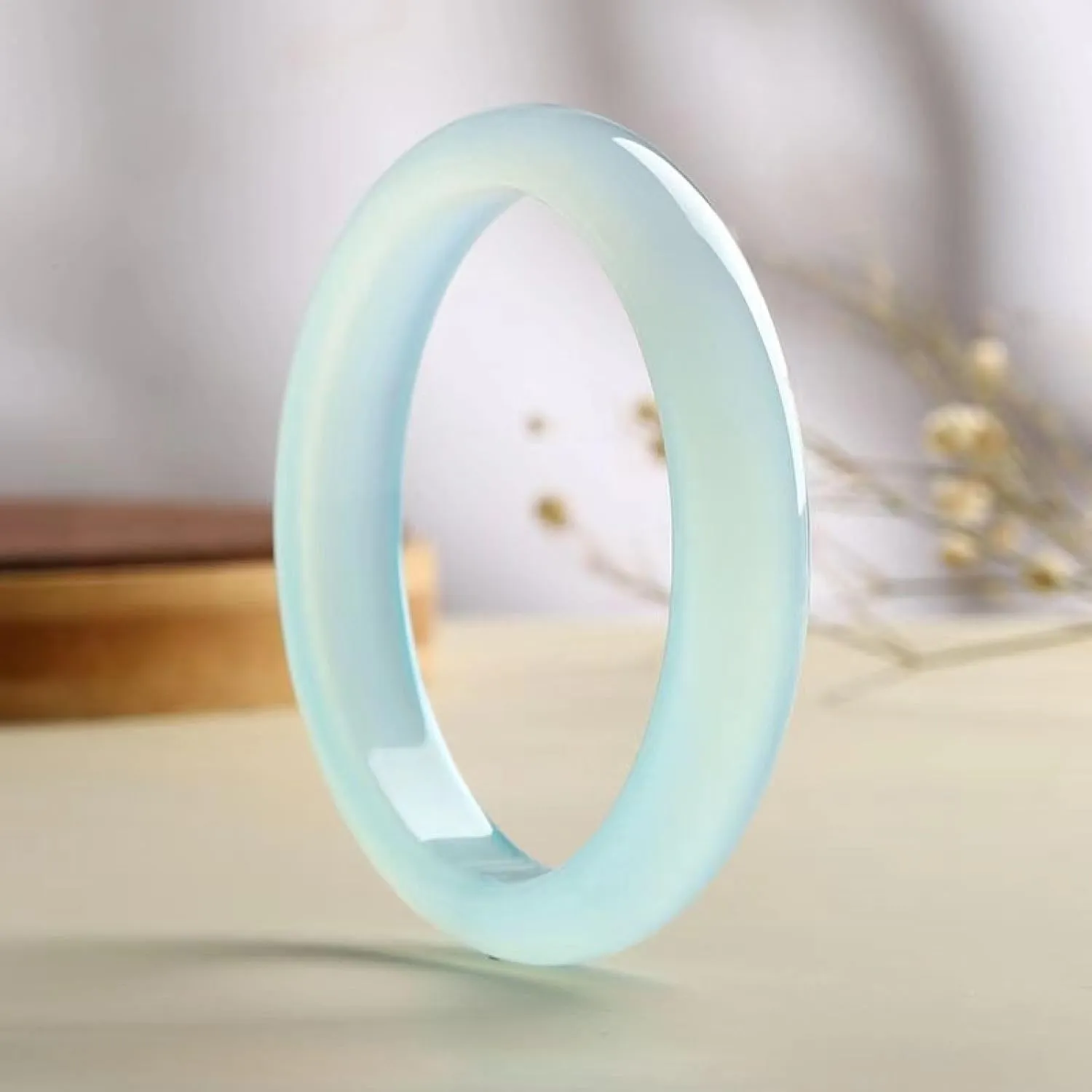Jade Bangle Bracelet for Women Genuine Light Blue Gemstone Ice Transparent Chalcedony Thin Strip Women's Bracelet