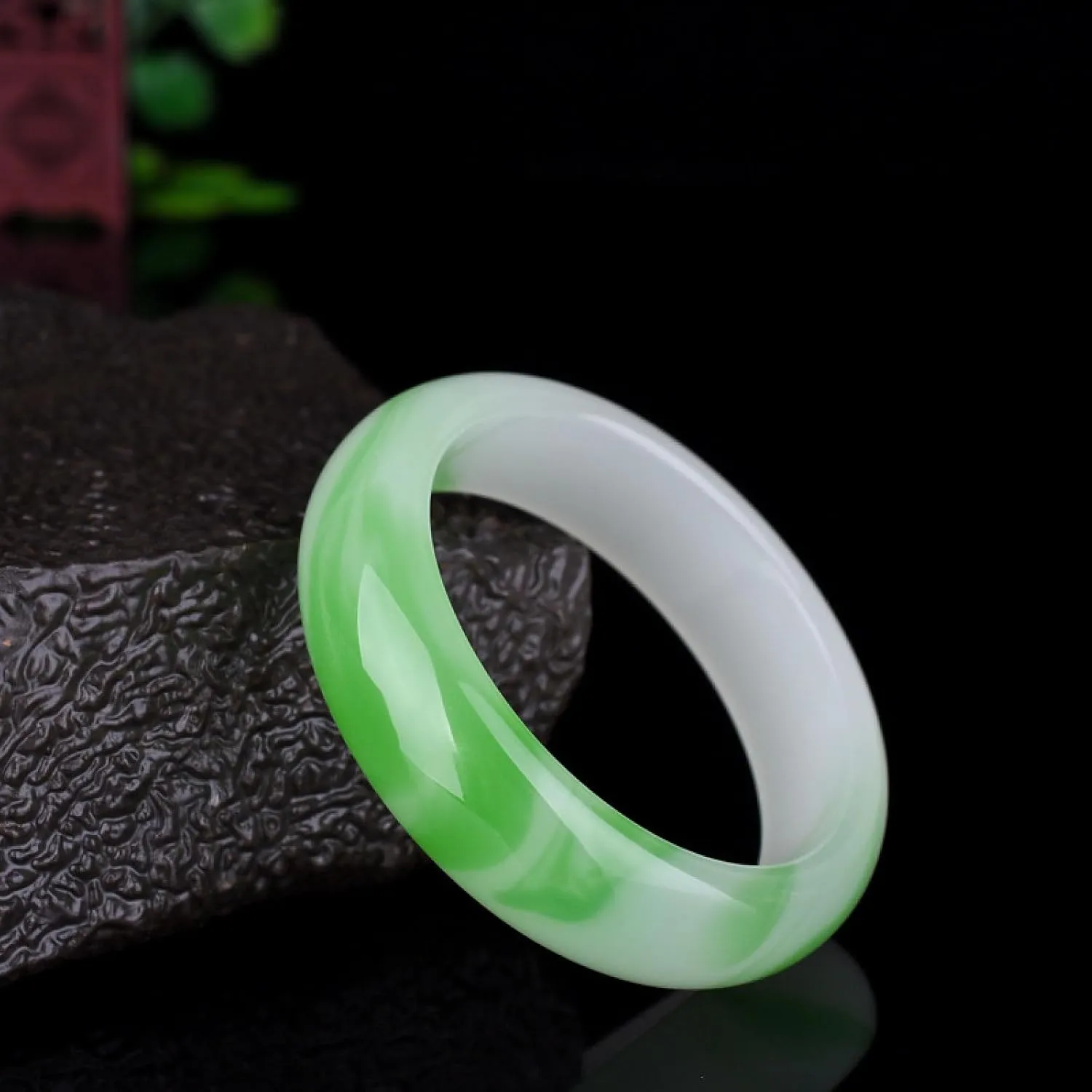 Jade Bangle Bracelet for Women White And Green Floating Flower Classic Wedding Bracelet with Gift Box