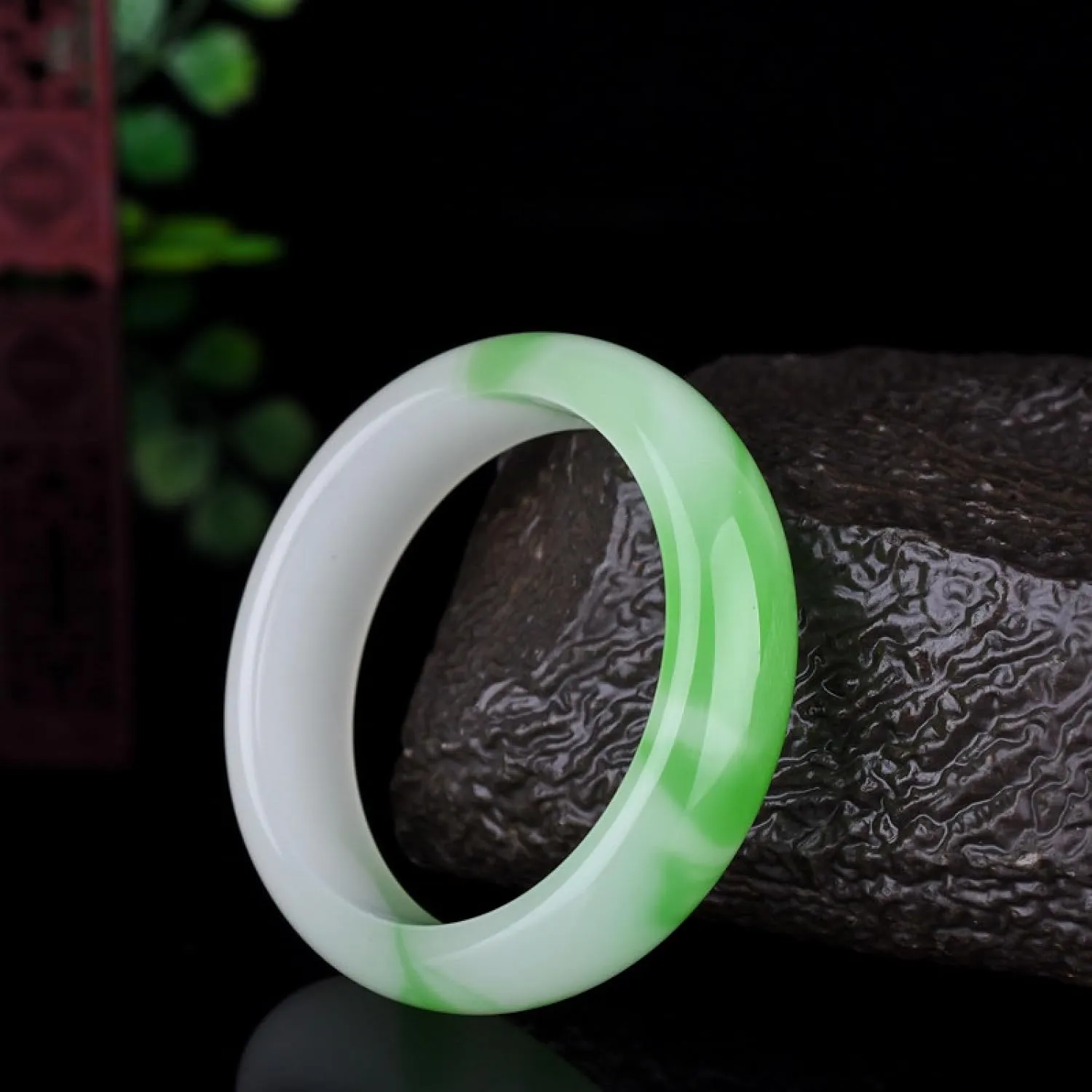 Jade Bangle Bracelet for Women White And Green Floating Flower Classic Wedding Bracelet with Gift Box