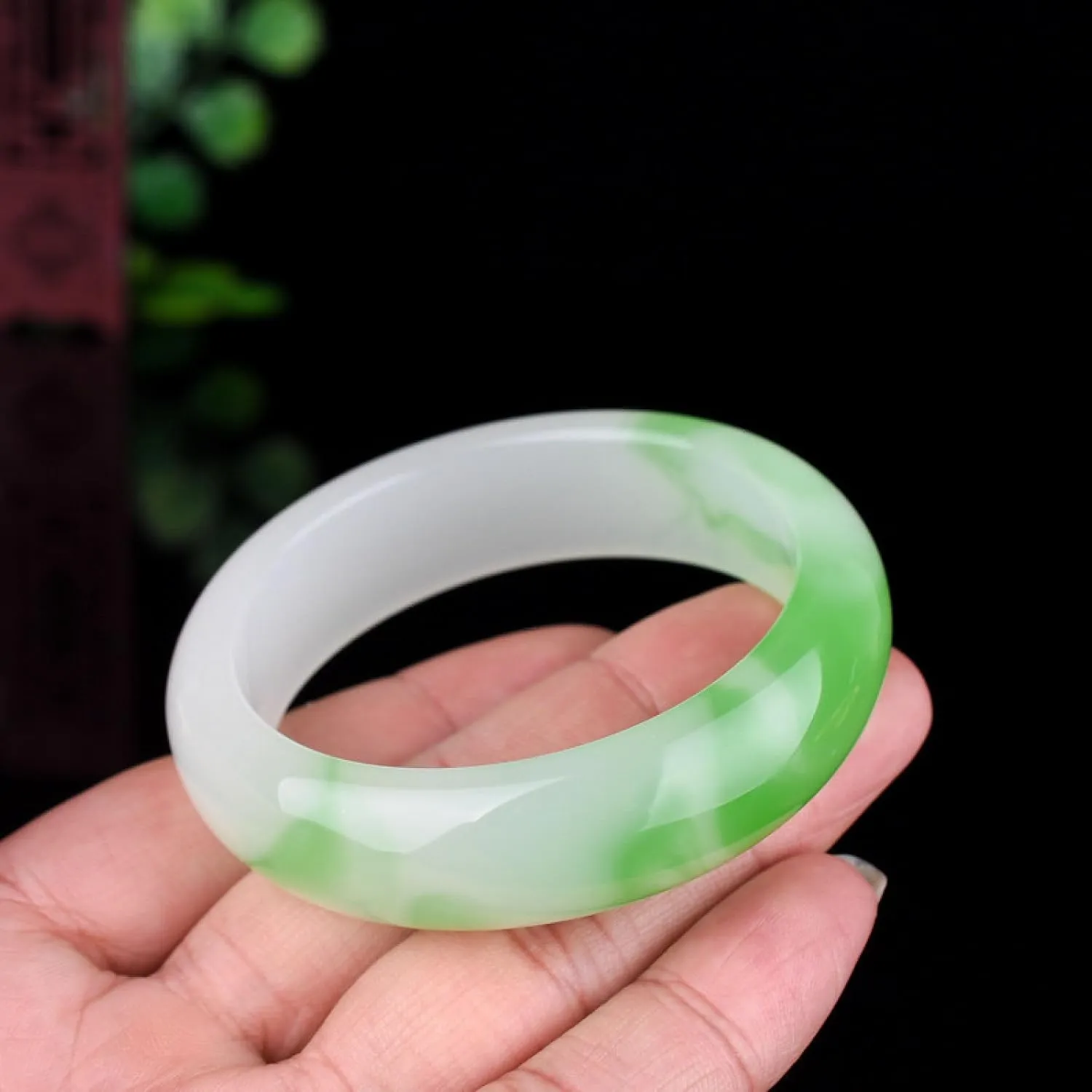 Jade Bangle Bracelet for Women White And Green Floating Flower Classic Wedding Bracelet with Gift Box