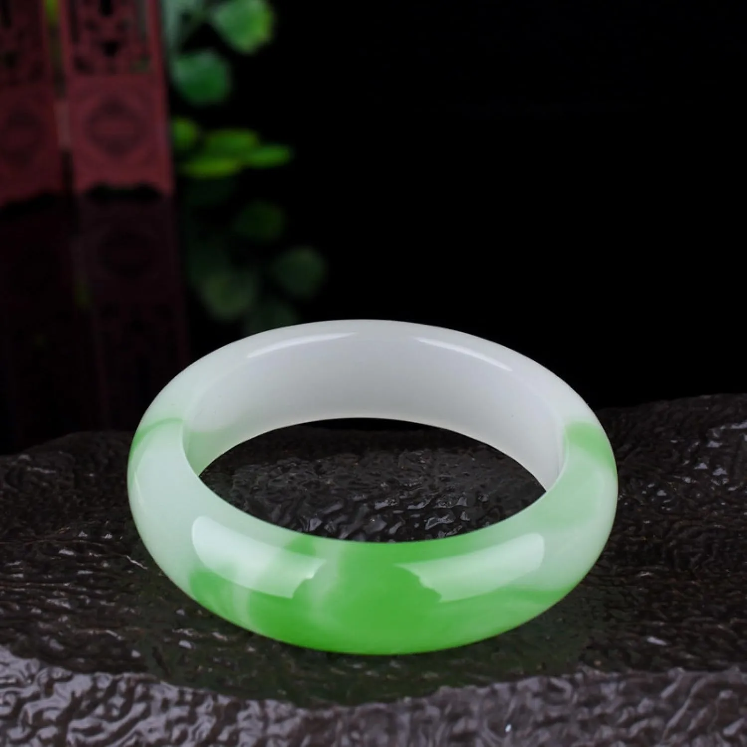 Jade Bangle Bracelet for Women White And Green Floating Flower Classic Wedding Bracelet with Gift Box