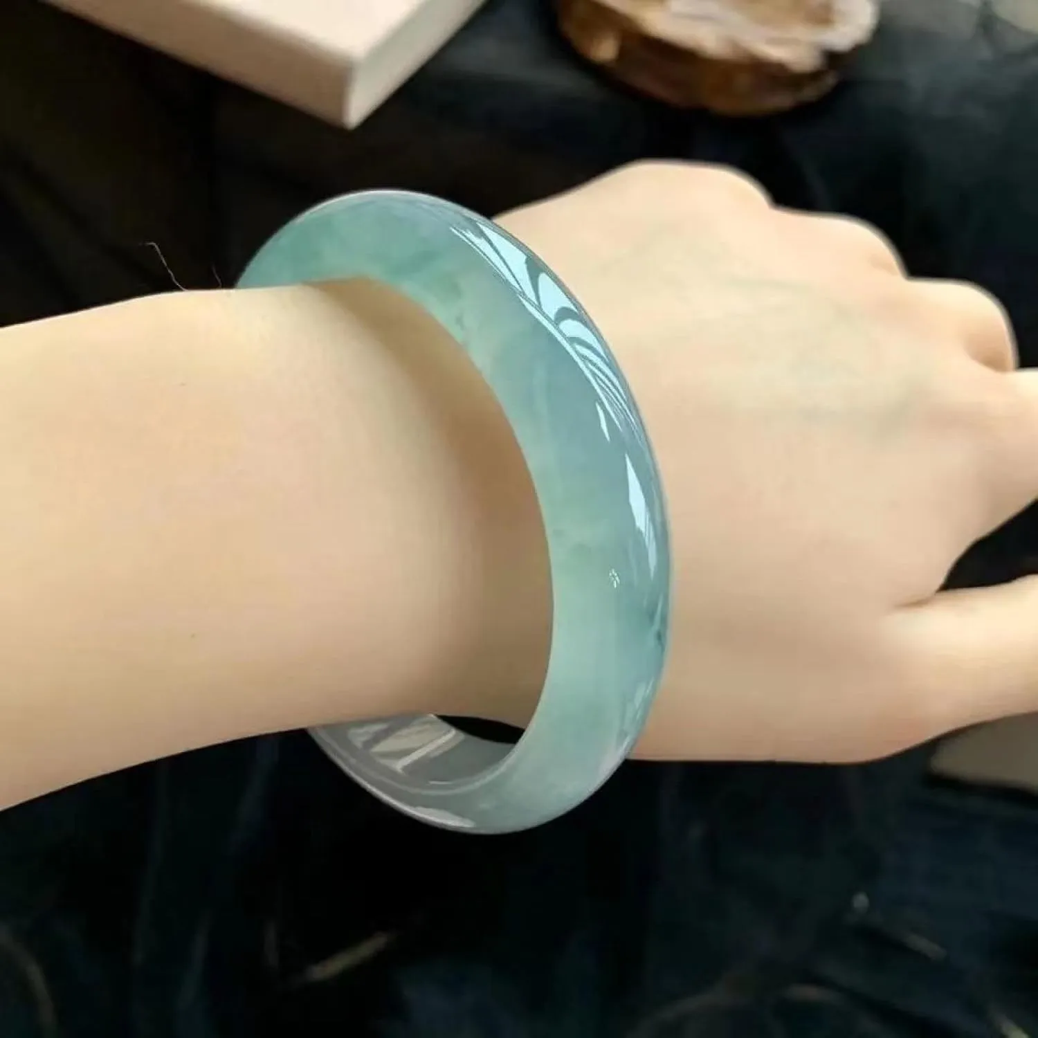Jade Bangle Bracelet for Women,Authentic Natural Light Blue Classic, Vintage Bracelet,Handmade with certificate