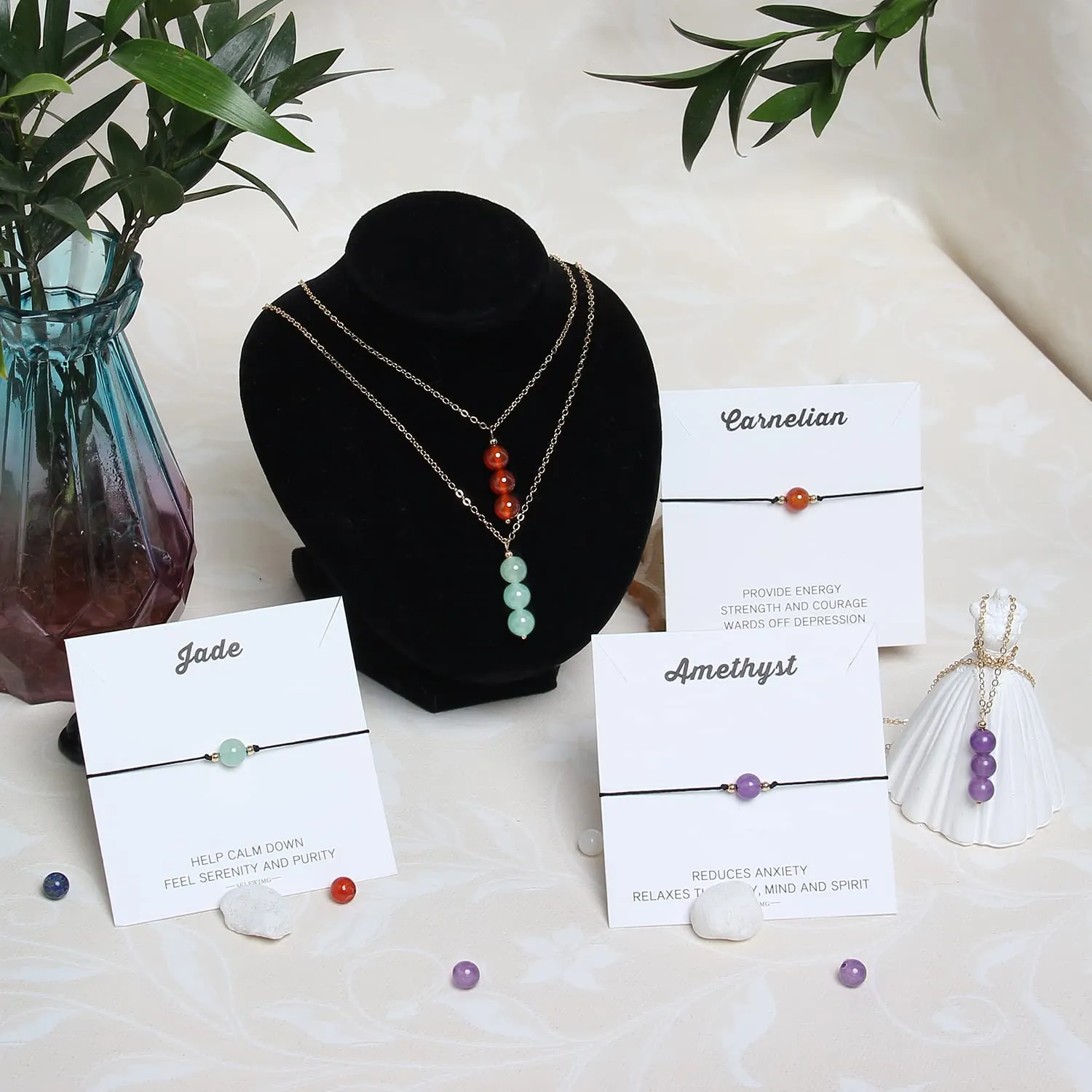 Jade Crystal Necklace & Bracelet Set Natural Healing Gemstone Pendant Necklace and Braided Beaded Bracelet Handmade Green May Birthstone Jewelry Spiritual Gifts for Women