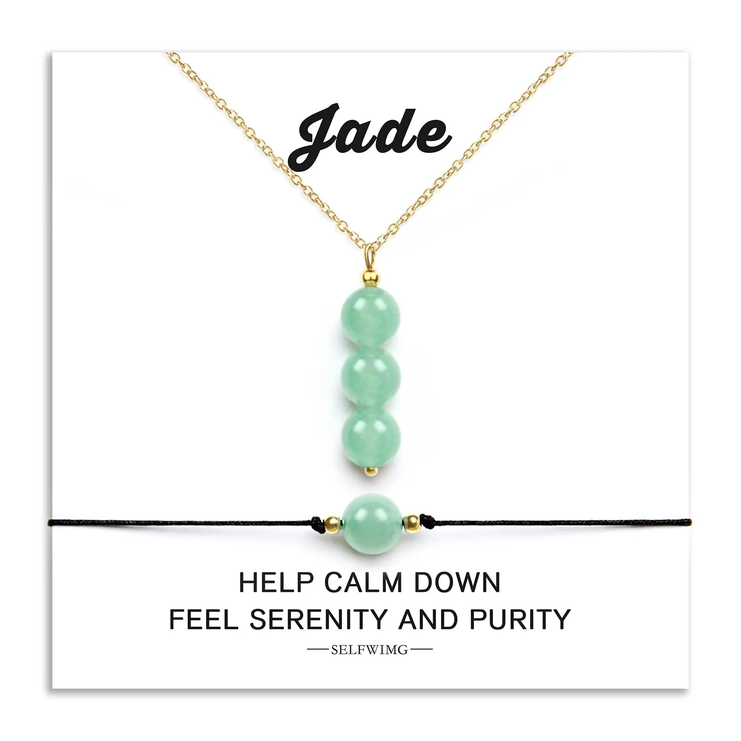 Jade Crystal Necklace & Bracelet Set Natural Healing Gemstone Pendant Necklace and Braided Beaded Bracelet Handmade Green May Birthstone Jewelry Spiritual Gifts for Women
