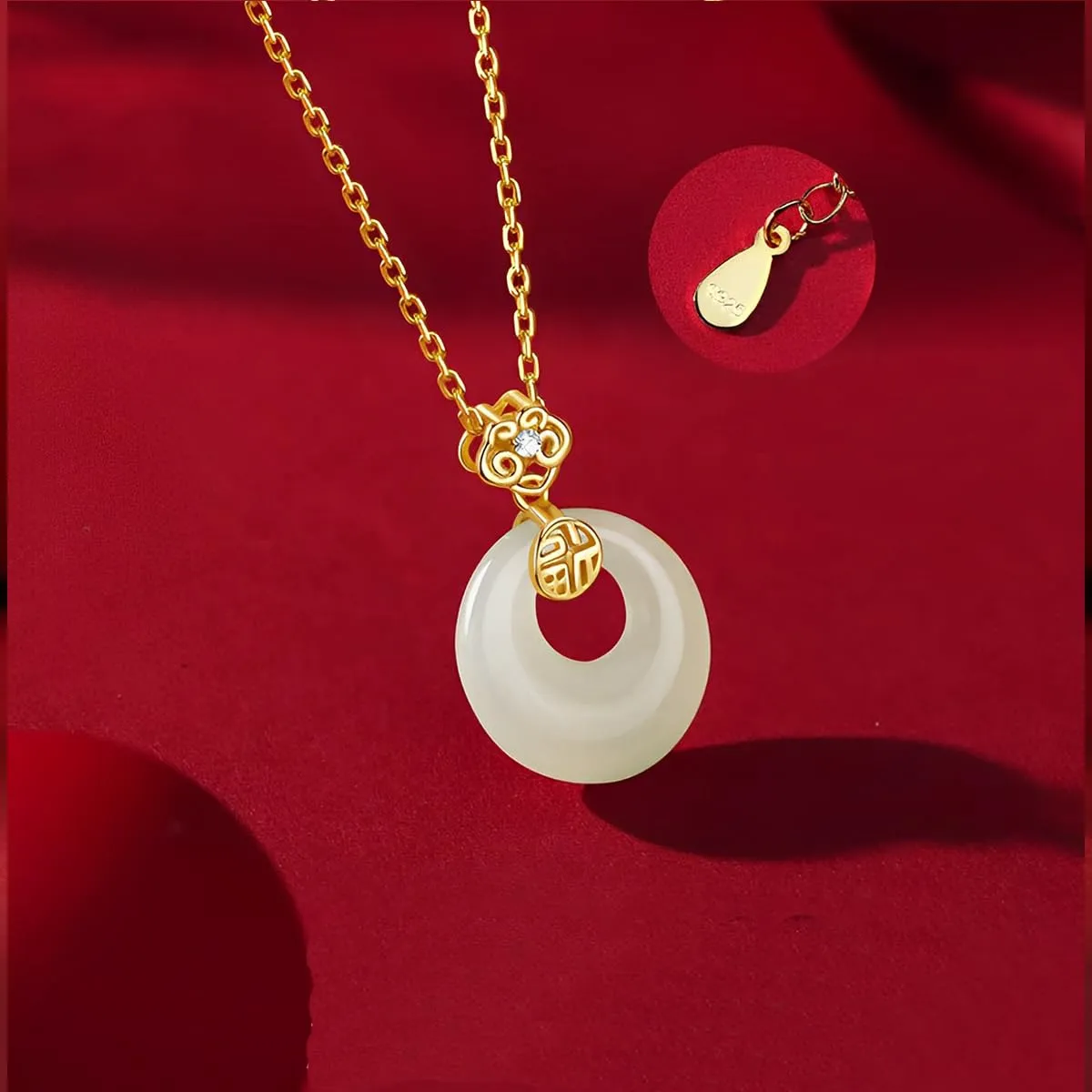 Jade Donut FU Pendant Necklace Handmade Chain Choker Jewelry S925 14k Gold Plated Valentine Mother's Day Birthday Gift for Women 18inch