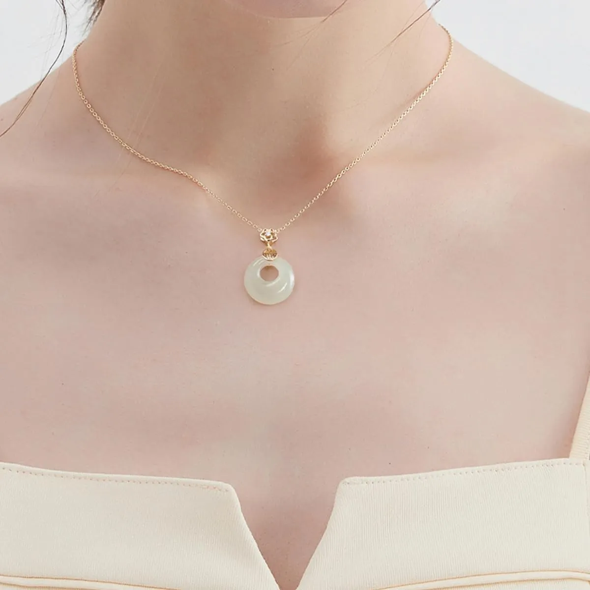 Jade Donut FU Pendant Necklace Handmade Chain Choker Jewelry S925 14k Gold Plated Valentine Mother's Day Birthday Gift for Women 18inch