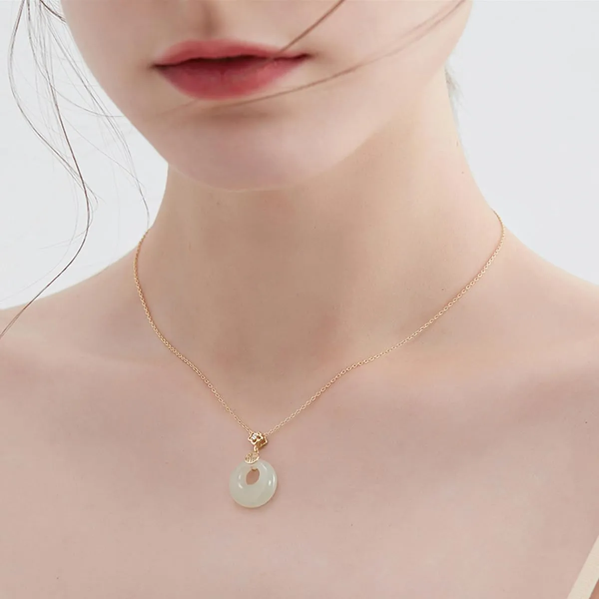 Jade Donut FU Pendant Necklace Handmade Chain Choker Jewelry S925 14k Gold Plated Valentine Mother's Day Birthday Gift for Women 18inch