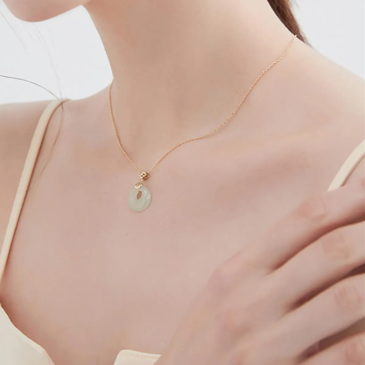 Jade Donut FU Pendant Necklace Handmade Chain Choker Jewelry S925 14k Gold Plated Valentine Mother's Day Birthday Gift for Women 18inch