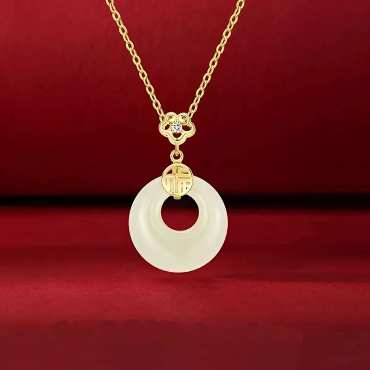 Jade Donut FU Pendant Necklace Handmade Chain Choker Jewelry S925 14k Gold Plated Valentine Mother's Day Birthday Gift for Women 18inch