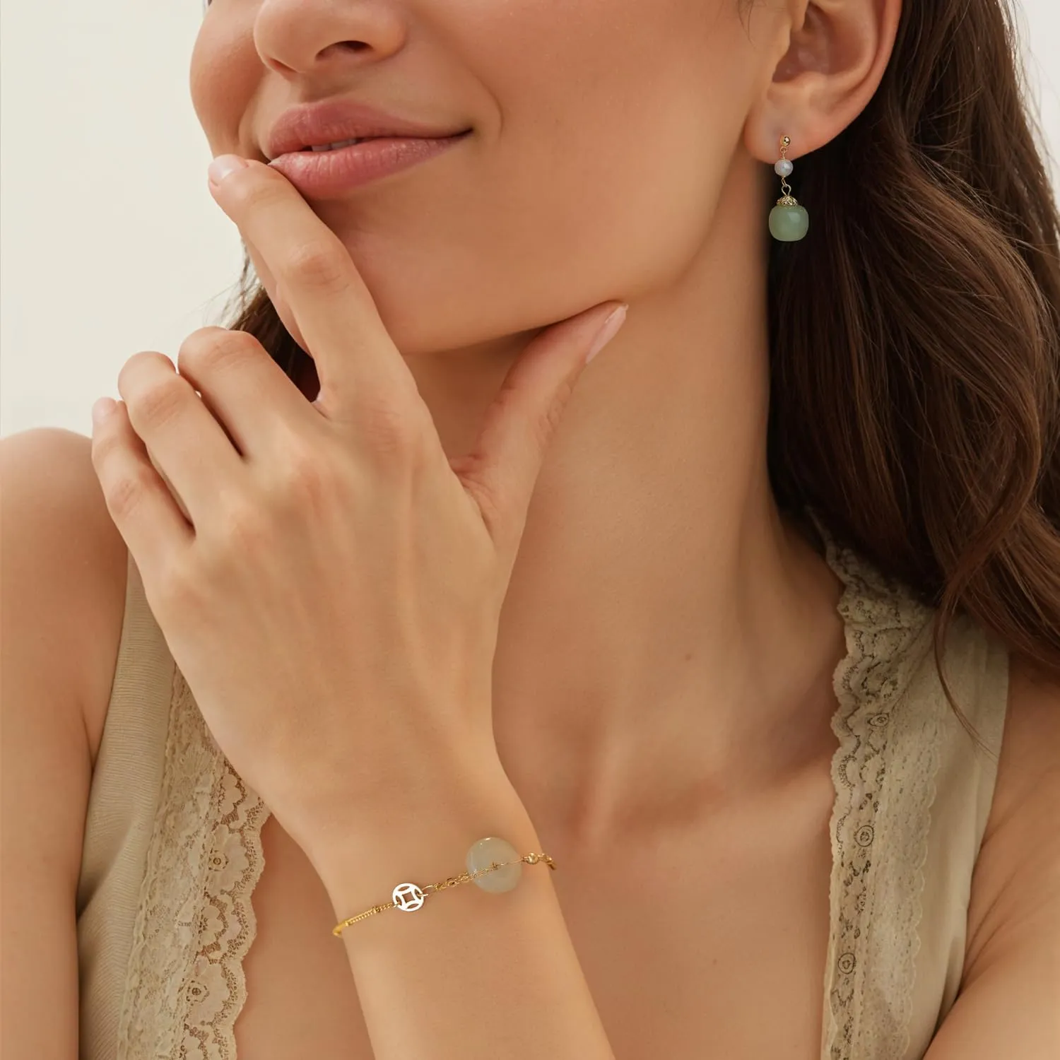 Jade Donut Pendant Charm Bracelet Handmade Chain Hand Bracelet Jewelry S925 14k Gold Plated Valentine Mother's Day Birthday Gift for Women 8inch