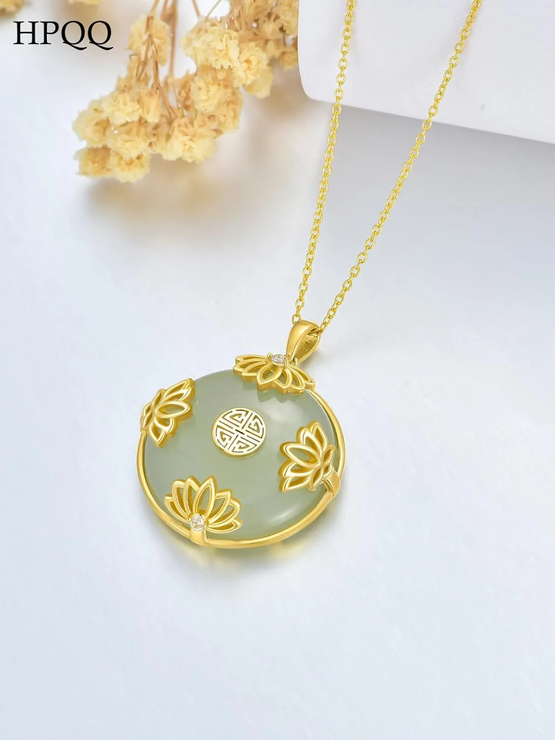 Jade Lotus Necklace for Women 14k Gold Plated Sterling Silver Round Jade Jewelry Birthday Mothers Day Christmas Gifts for Women Her Mom