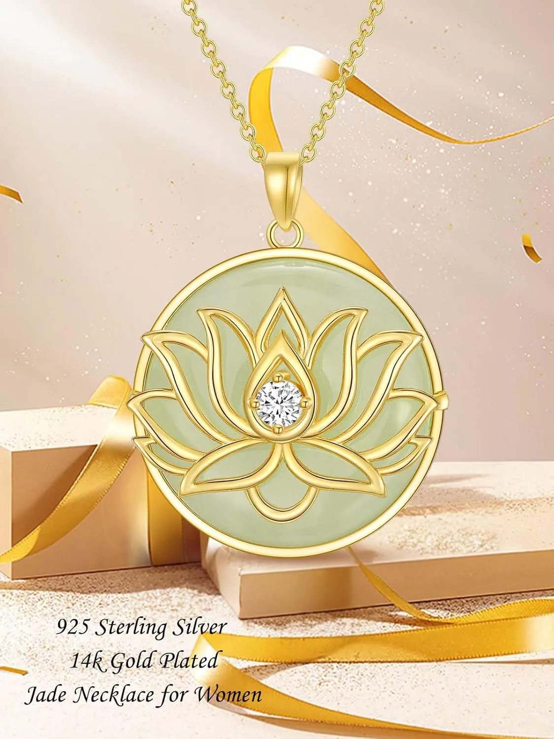 Jade Lotus Necklace for Women 14k Gold Plated Sterling Silver Round Jade Jewelry Birthday Mothers Day Christmas Gifts for Women Her Mom