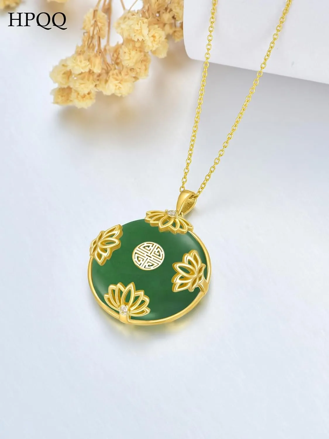 Jade Lotus Necklace for Women 14k Gold Plated Sterling Silver Round Jade Jewelry Birthday Mothers Day Christmas Gifts for Women Her Mom