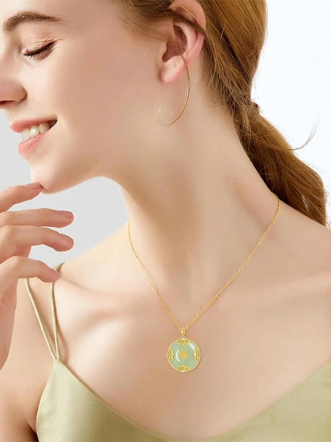 Jade Lotus Necklace for Women 14k Gold Plated Sterling Silver Round Jade Jewelry Birthday Mothers Day Christmas Gifts for Women Her Mom