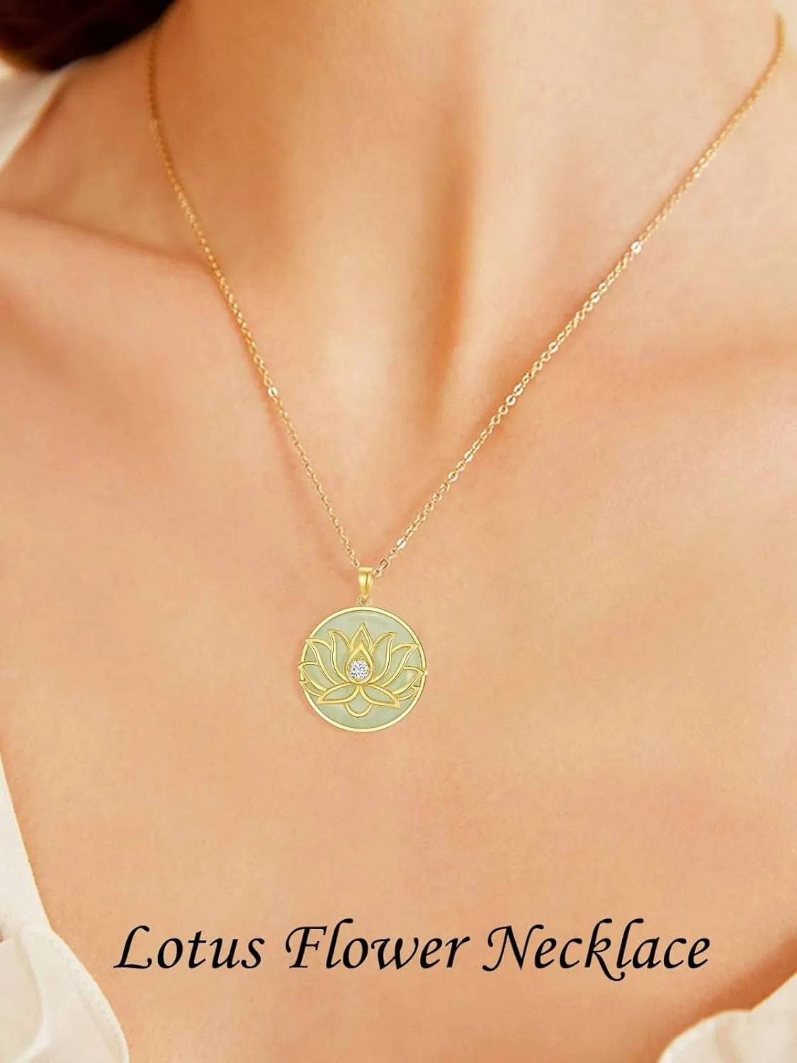 Jade Lotus Necklace for Women 14k Gold Plated Sterling Silver Round Jade Jewelry Birthday Mothers Day Christmas Gifts for Women Her Mom